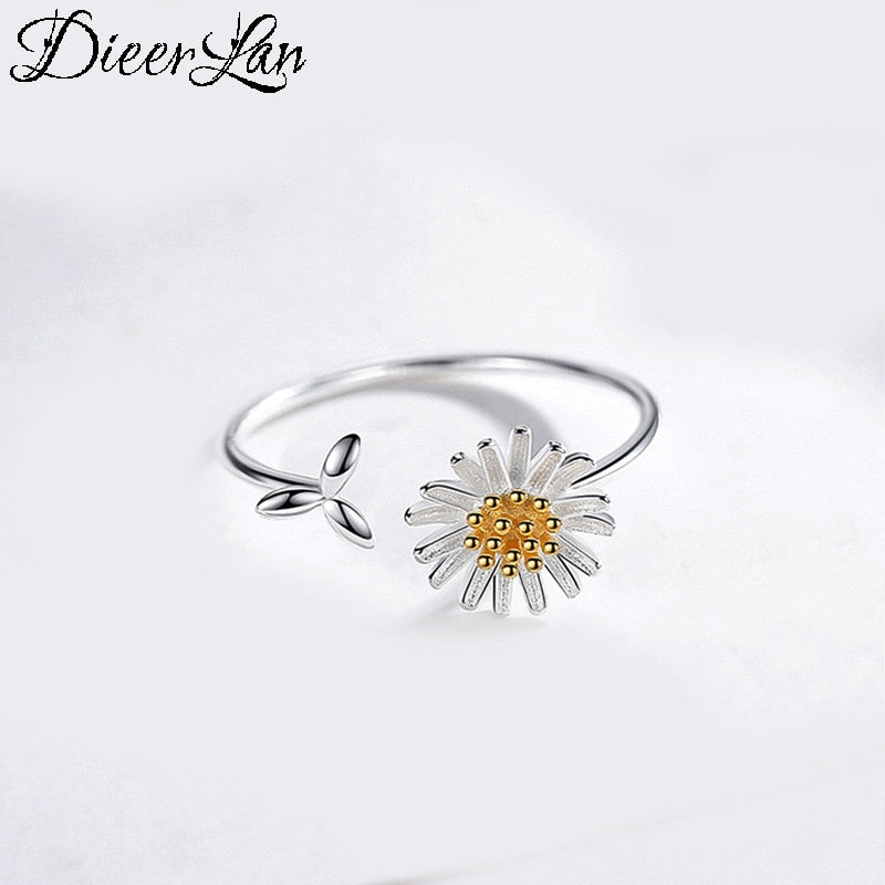 Punk 925 Sterling Silver Daisy Flower Rings For Girls Women, Jewelry Collection